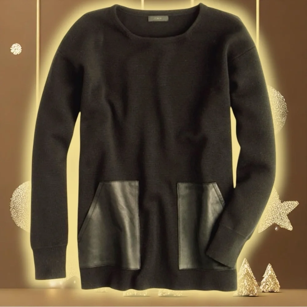 NWOT J. Crew Black ‘100% Merino Wool & Genuine Leather Pocket Sweater’ Size XS
